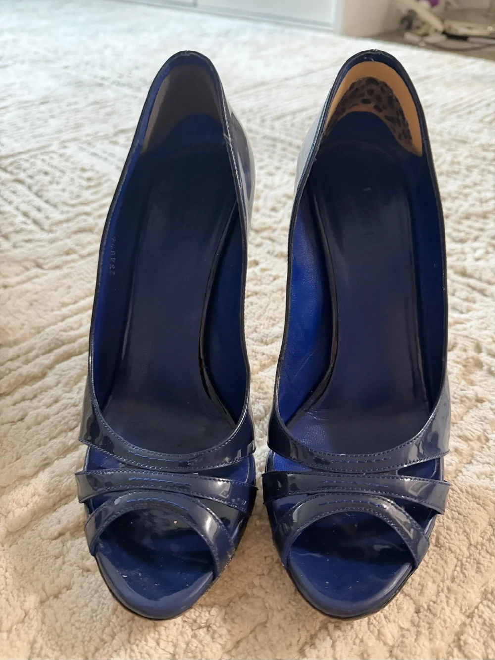 Gucci Patent Navy Blue Peep-Toe Stiletto Heels